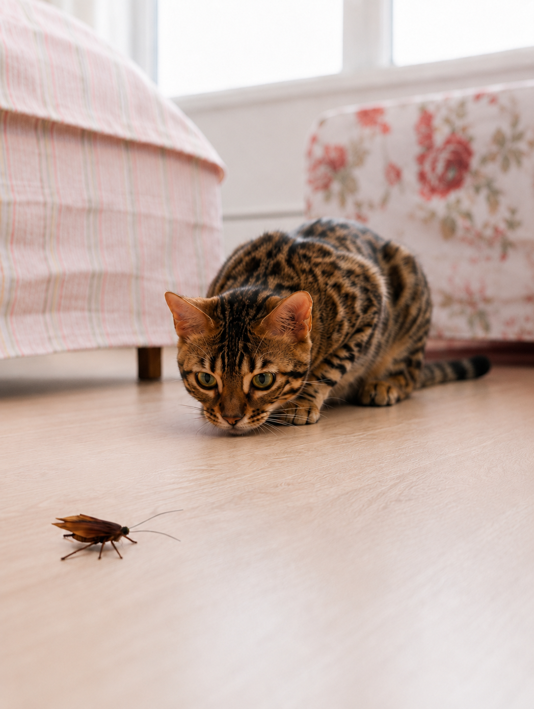Cat crouching low and stalking — stage 1 of the hunting cycle