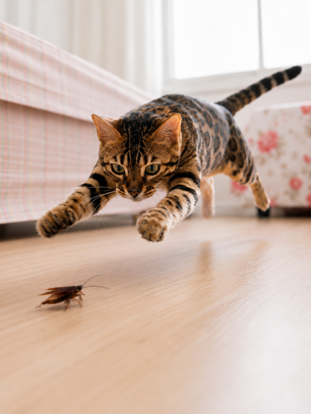 Cat running at full speed — stage 2 of the hunting cycle