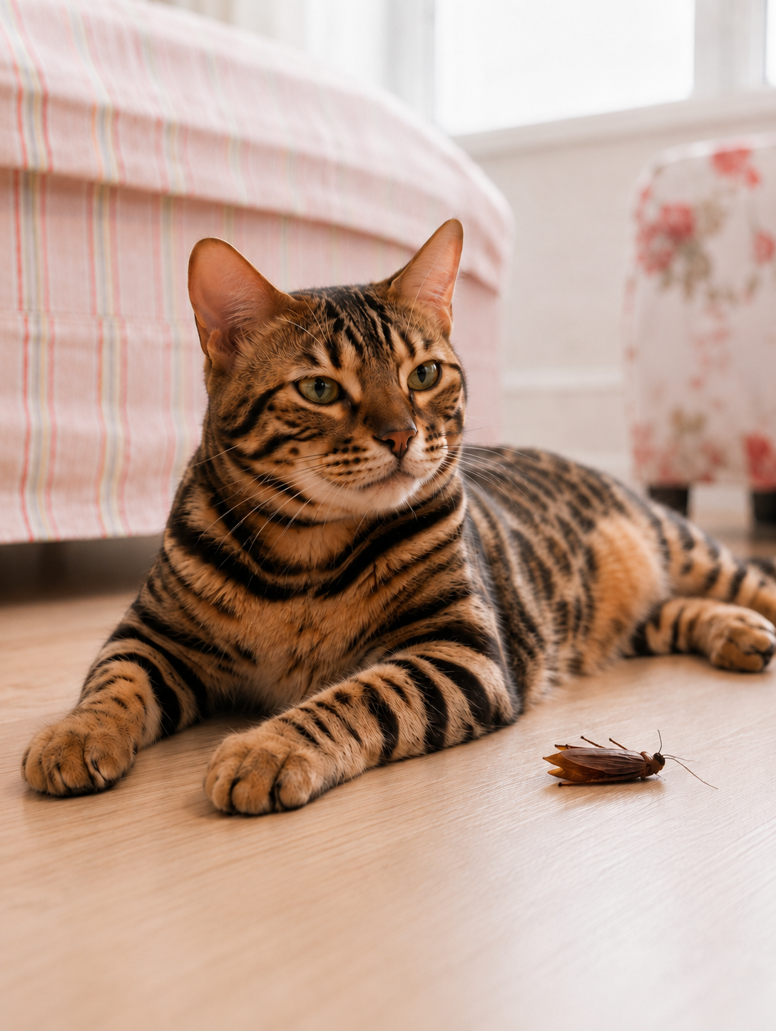 Calm, satisfied cat resting after play — stage 4 of the hunting cycle