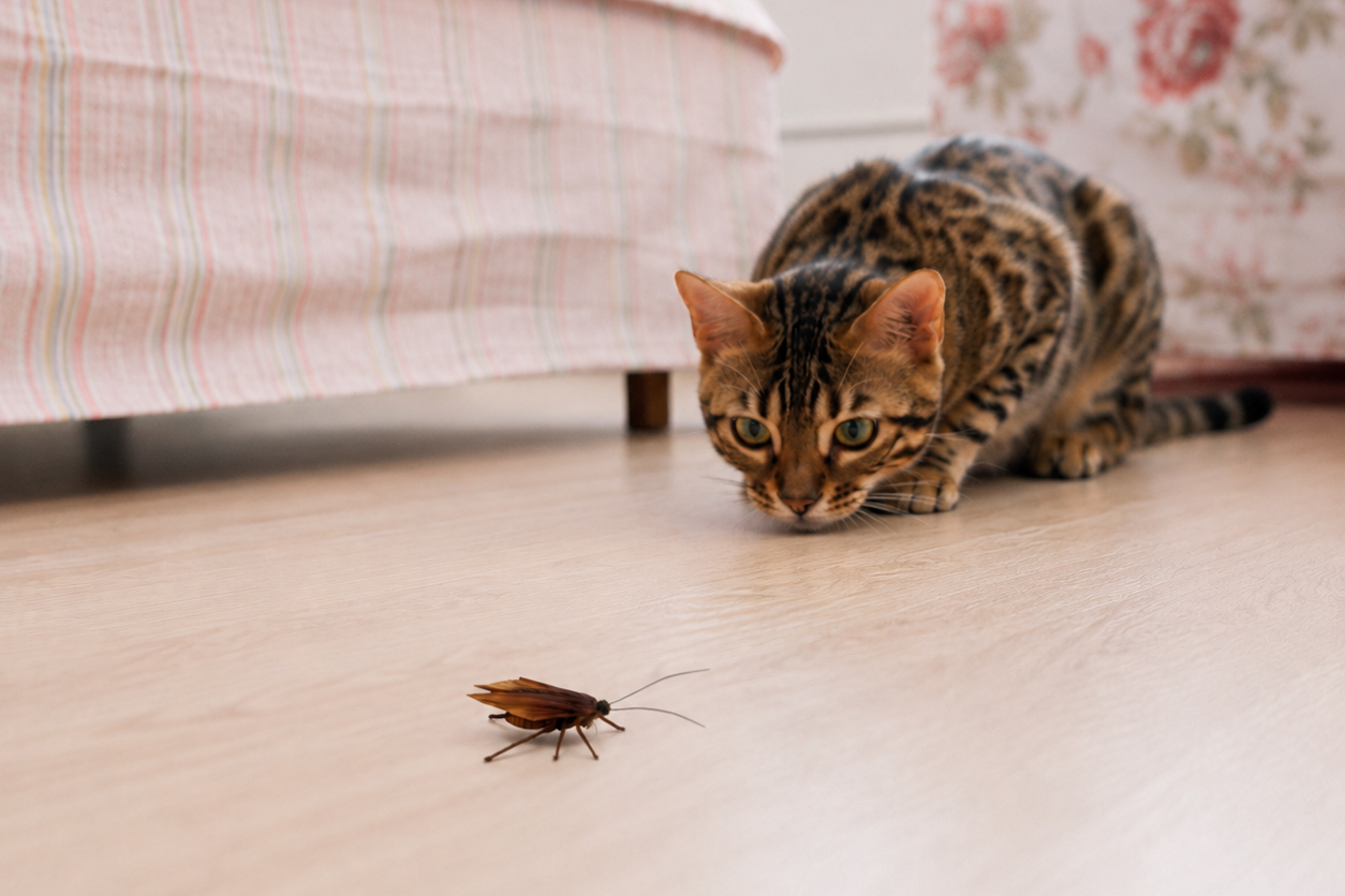 Cat crouching low — build tension in the stalk phase